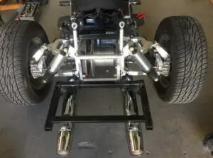 A car frame with the rear suspension in place.